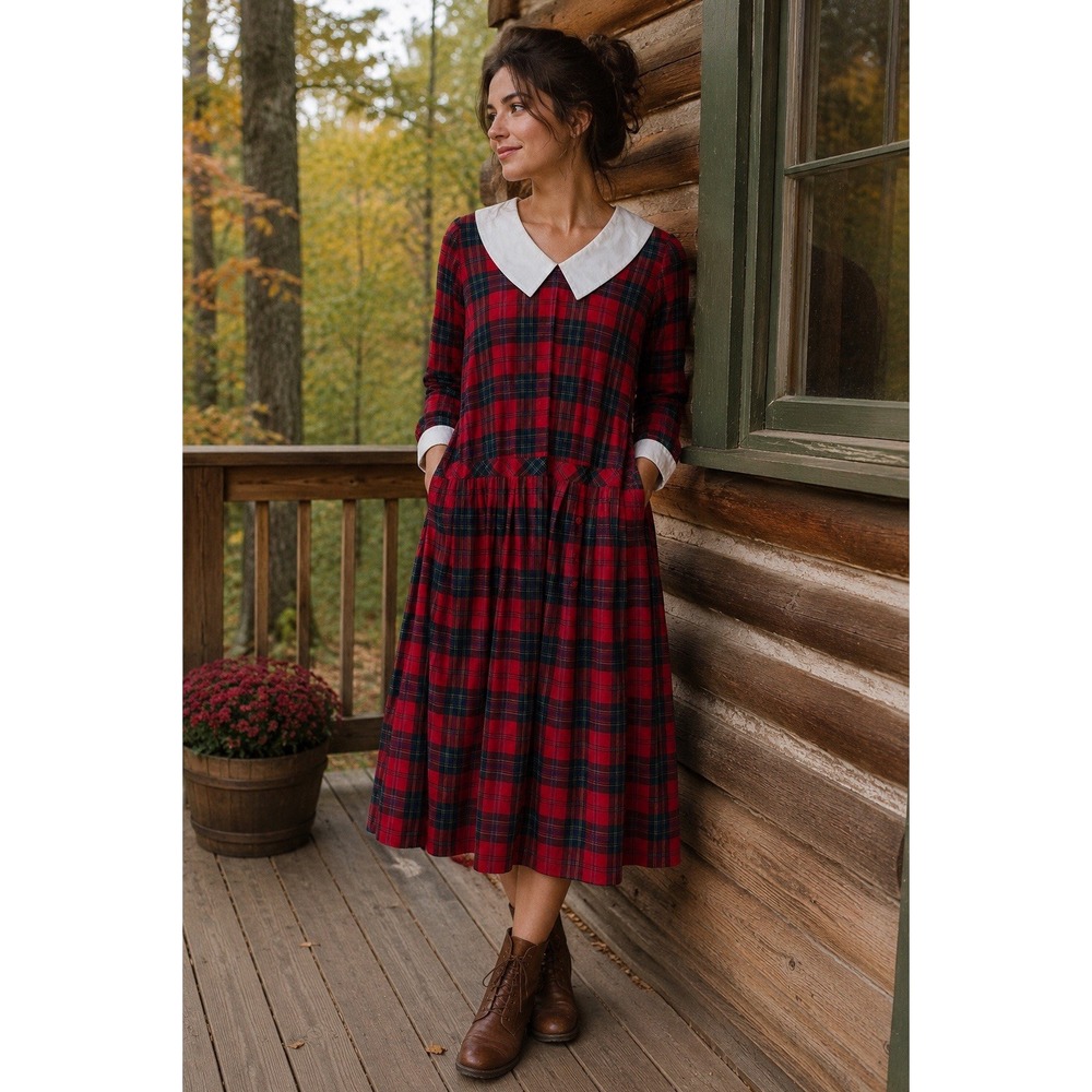 Eileen West Vtg 80's Plaid Prairie Cottage Core Holiday Cabin Peter Pan Sz 14